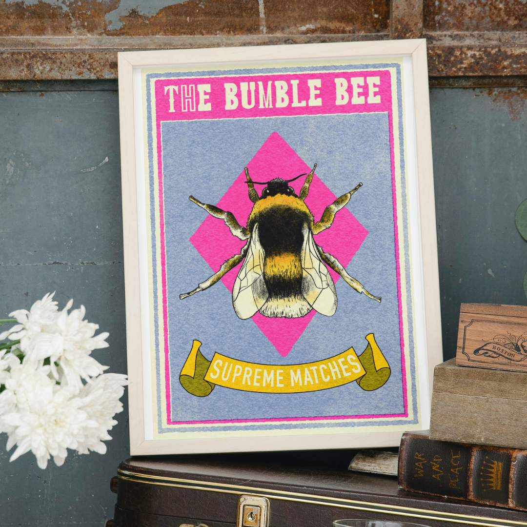 bumble bee matchbox art print by Fawn & Thistle | retro art, vintage art print