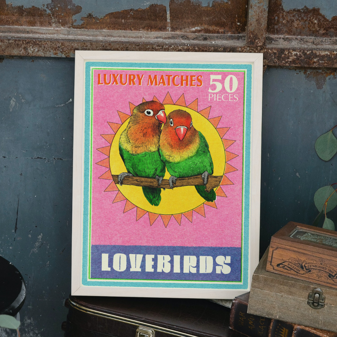 Love Birds Matchbox Art Print by Fawn & Thistle | Retro art print