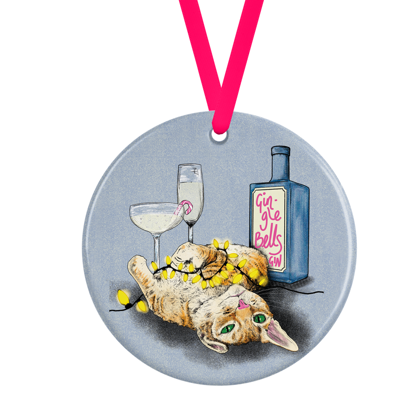 A ceramic Christmas tree decoration, featuring a ginger cat tangled in Christmas lights and surrounded by gin and fizz.