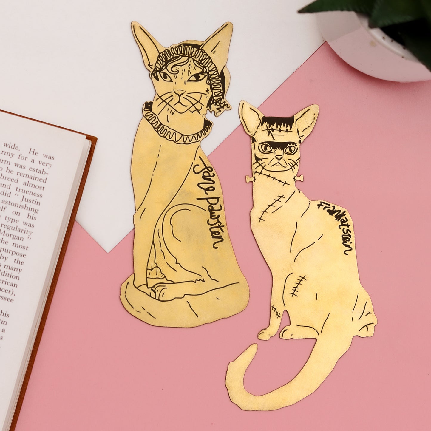 Jane Pawsten & Frankatstein Cat Brass Bookmark | Jane Austen Gift | Cst Gift | Fawn & Thistle