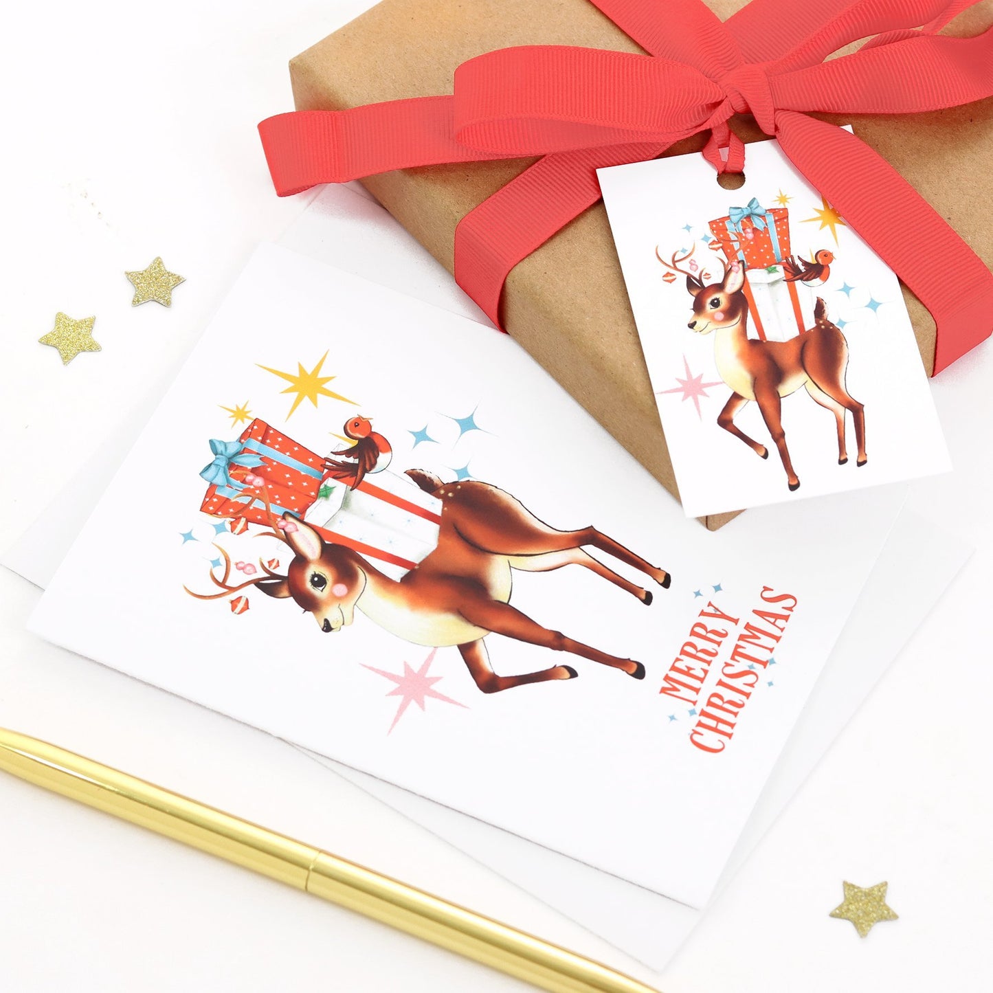 Retro Reindeer Gift Tag Pack Of Eight - Fawn and Thistle