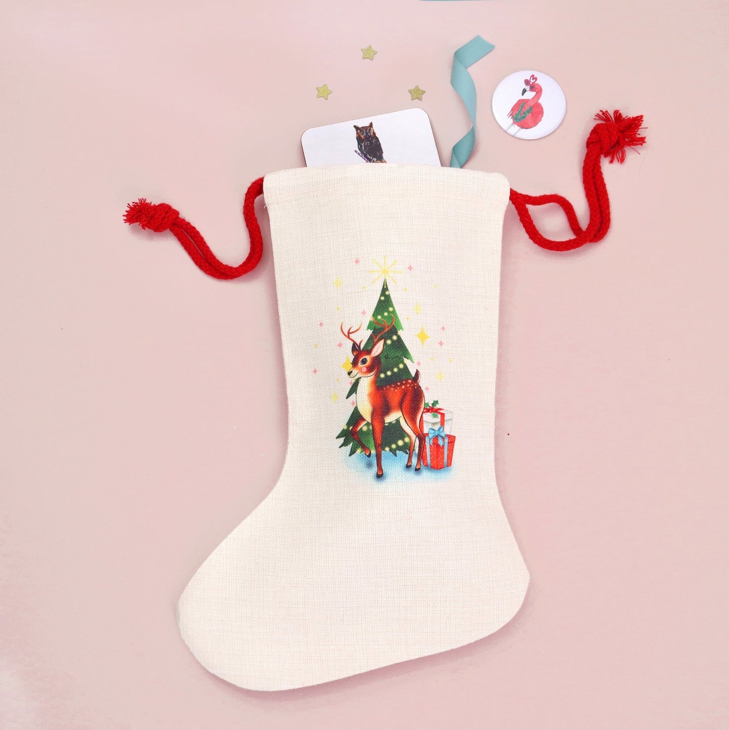 Retro Reindeer & Tree Christmas Stocking - Fawn and Thistle