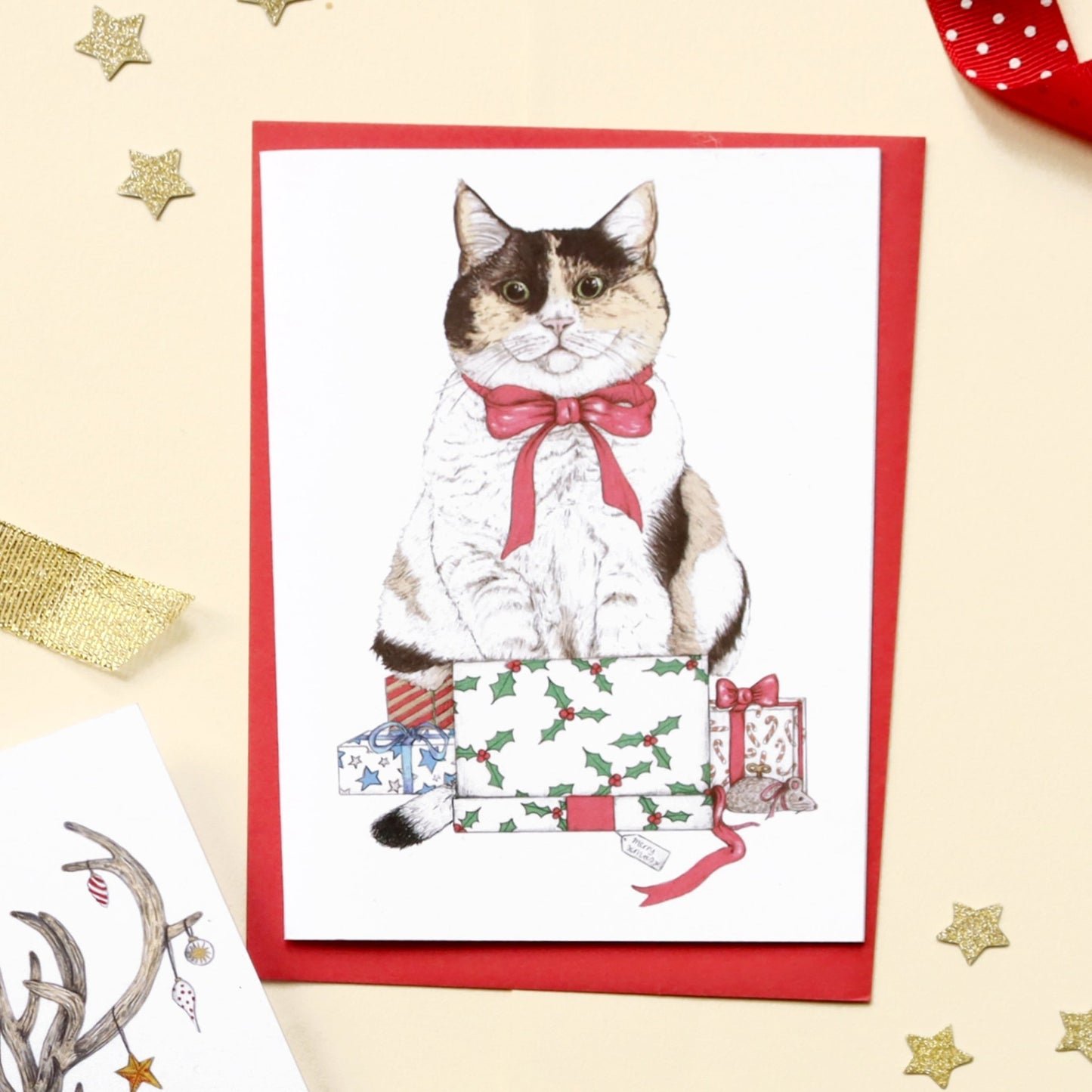 Santa's Helper Cat Greeting Card - Fawn and Thistle