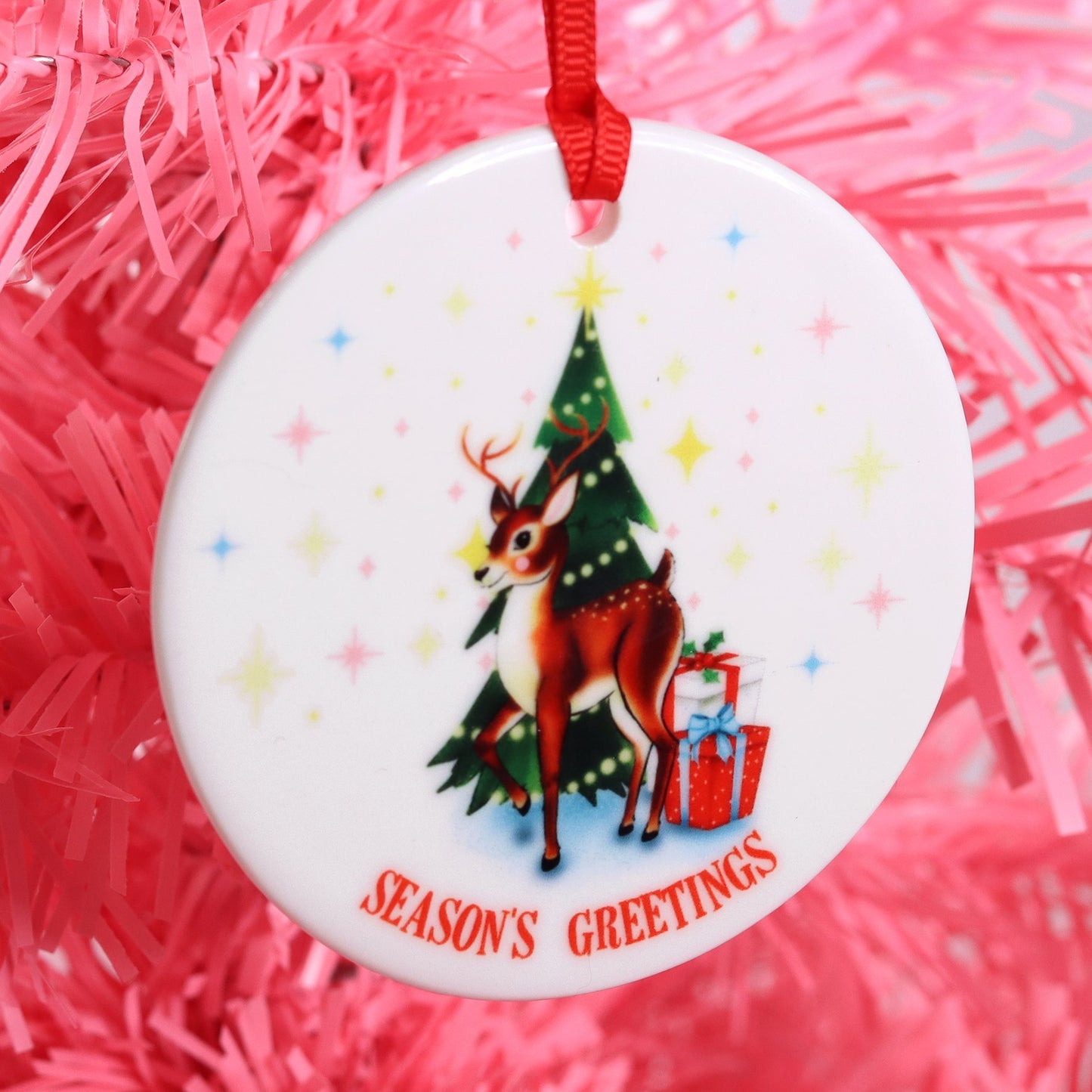 Seasons Greetings Retro Reindeer Ceramic Christmas Tree Decoration - Fawn and Thistle