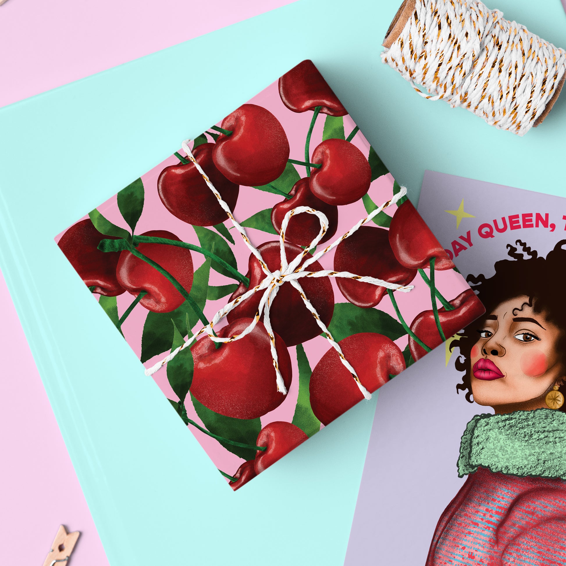 cherry pattern gift wrap | Fawn & Thistle
