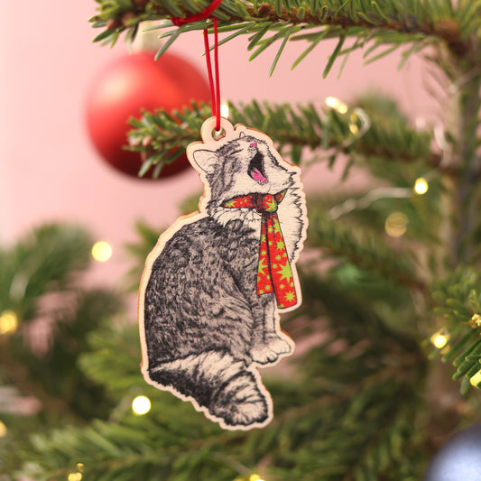 Shouty Cat Wooden Christmas Decoration