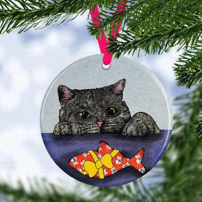 Sneaky Cat Ceramic Christmas Tree Decoration