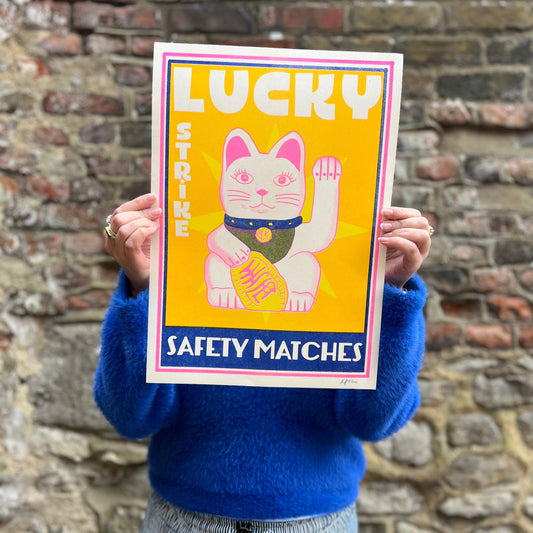Lucky Strike Cat Risograph Art Print | Limited Edition | A3 Print