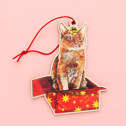 Cat in a Box Wooden Christmas Decoration