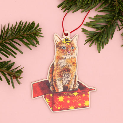 Cat in a Box Wooden Christmas Decoration