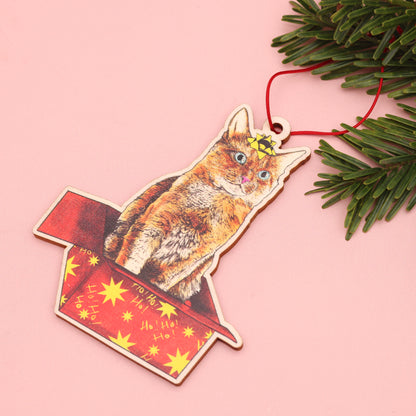 Cat in a Box Wooden Christmas Decoration