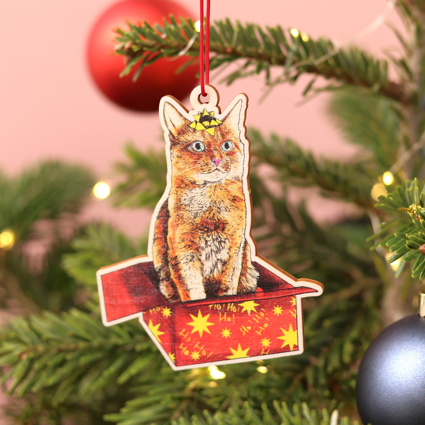 Cat in a Box Wooden Christmas Decoration