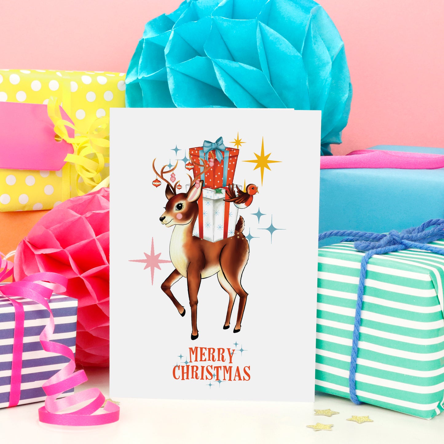 Merry Christmas Retro Reindeer Robin Christmas Card