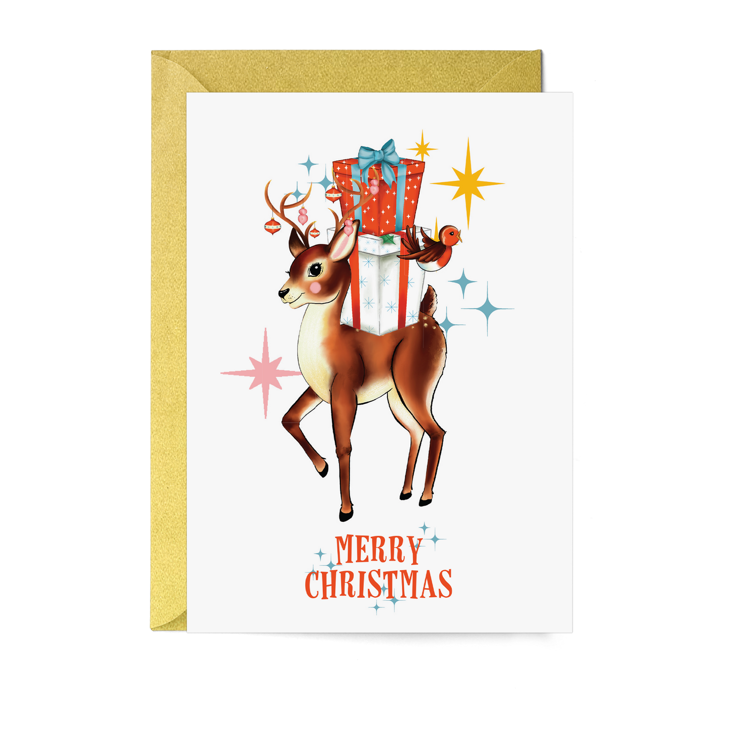Merry Christmas Retro Reindeer Robin Christmas Card