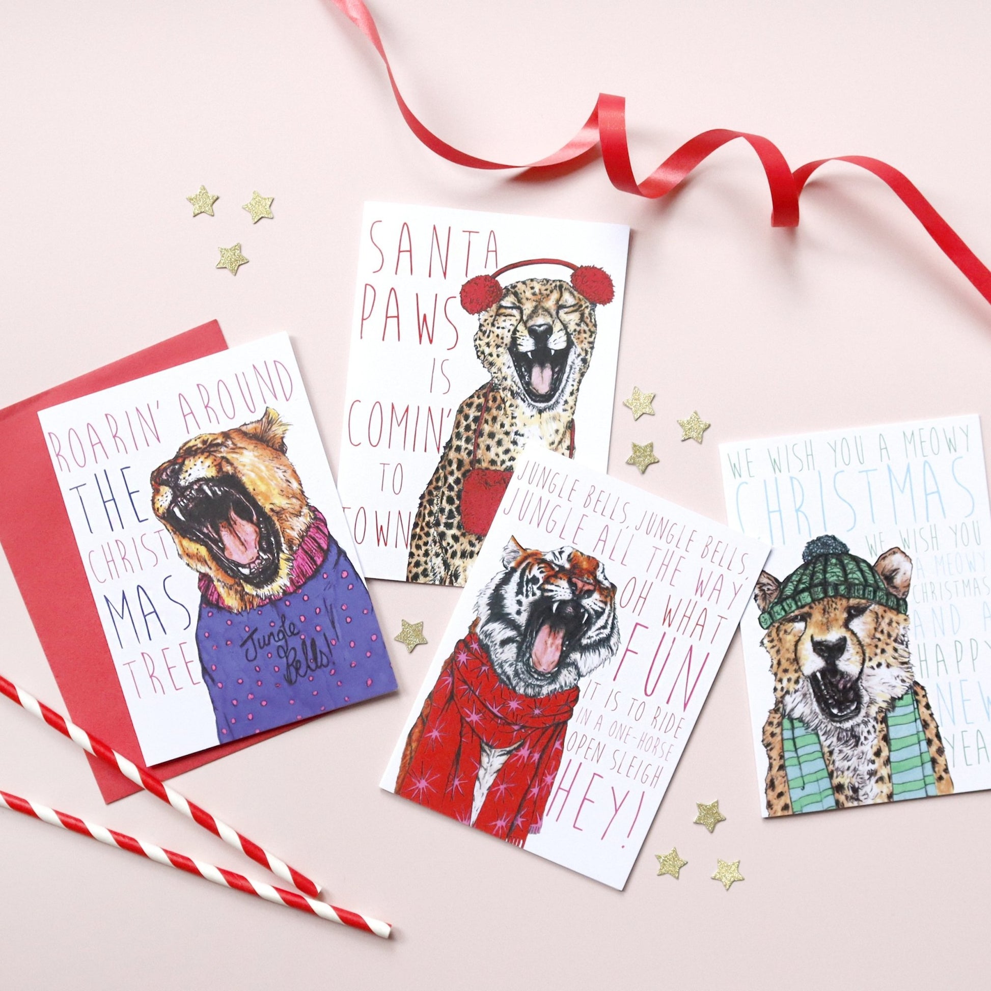 Caroling Cats 'Santa Paws' Cheetah Christmas Card - Fawn and Thistle