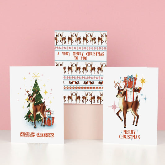 Kitsch Christmas Reindeer Christmas Card Pack of 6 - Fawn and Thistle