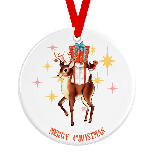 Merry Christmas Retro Reindeer Ceramic Christmas Tree Decoration - Fawn and Thistle