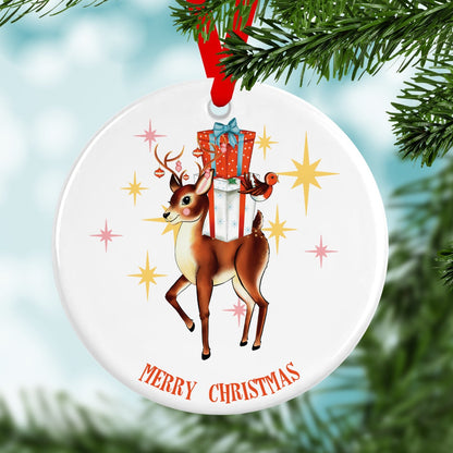 Merry Christmas Retro Reindeer Ceramic Christmas Tree Decoration - Fawn and Thistle