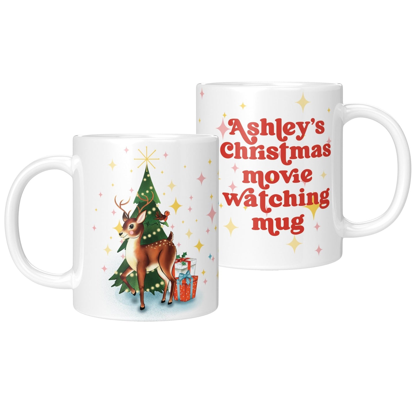 Personalised Reindeer & Tree Christmas Movie Mug - Fawn and Thistle