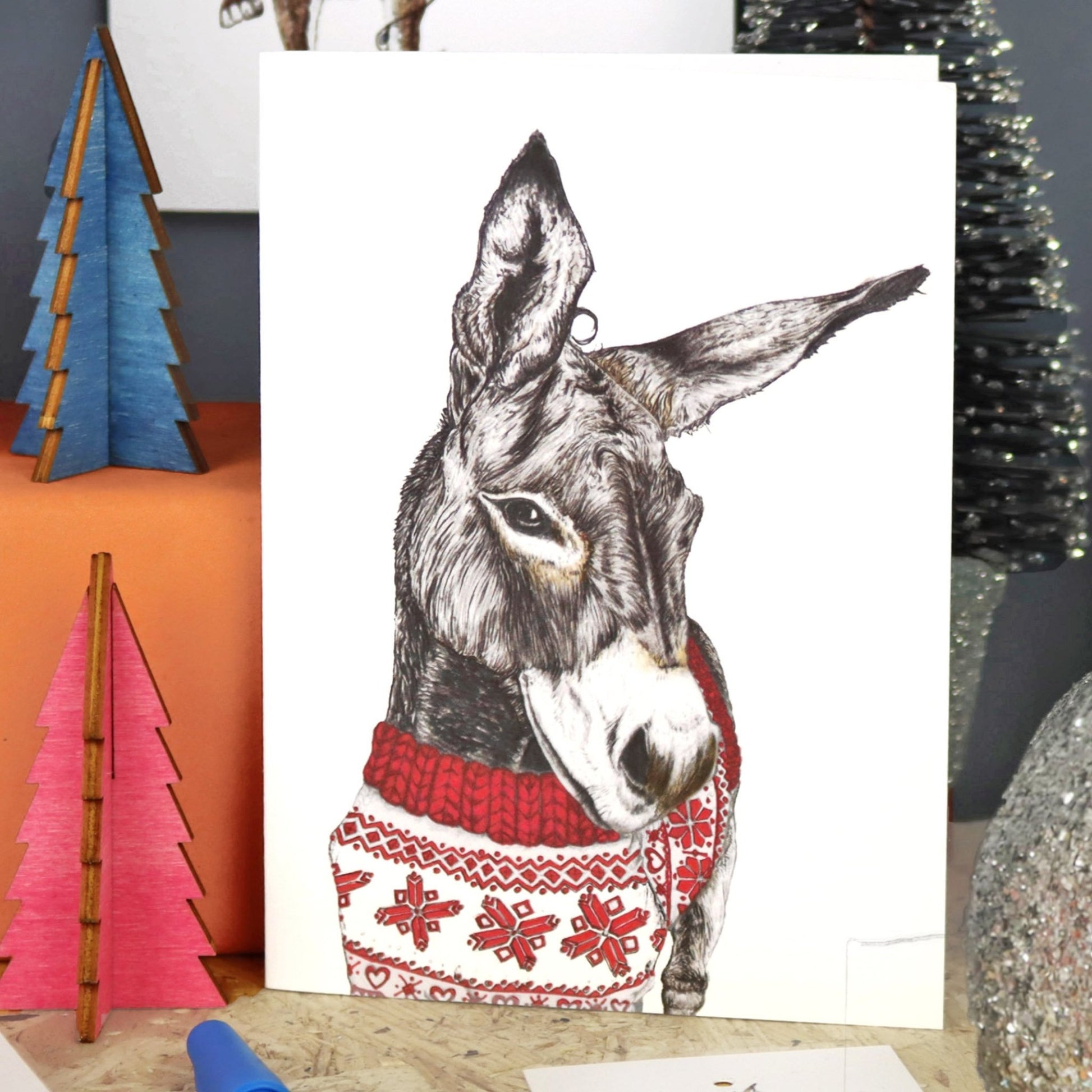 Santa's Helper Donkey Greeting Card - Fawn and Thistle