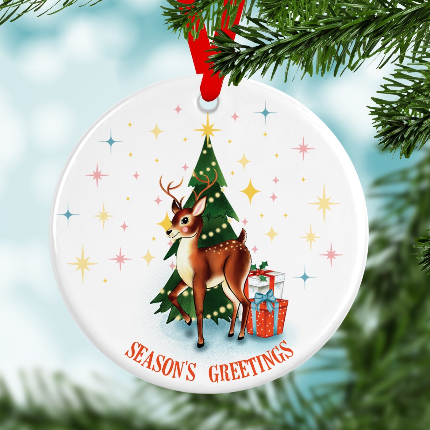 Seasons Greetings Retro Reindeer Ceramic Christmas Tree Decoration - Fawn and Thistle