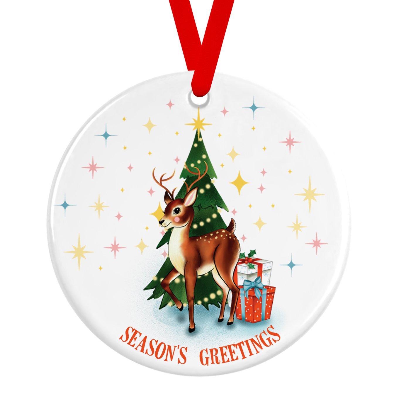 Seasons Greetings Retro Reindeer Ceramic Christmas Tree Decoration - Fawn and Thistle